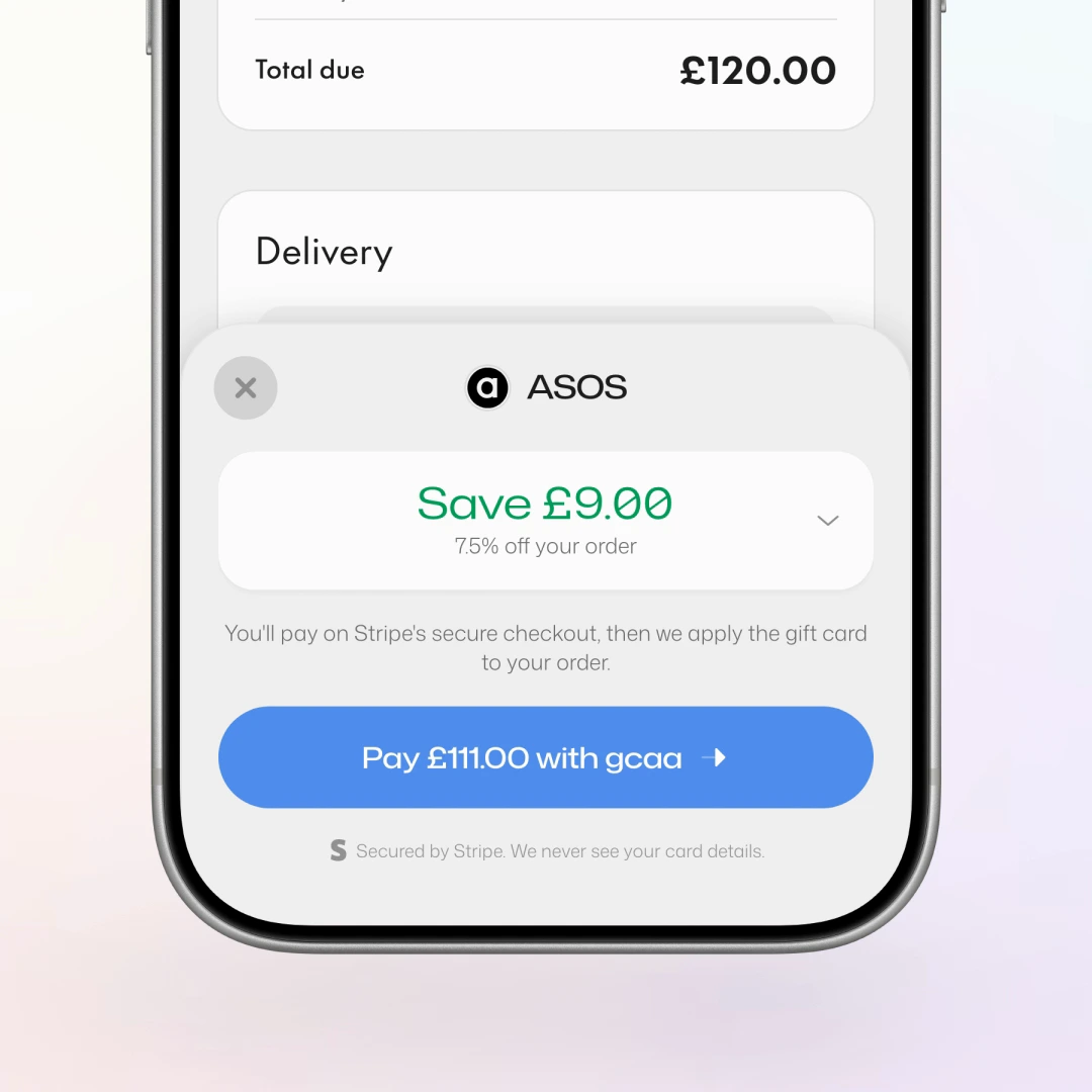 GCAA sheet on ASOS showing a £9 saving, a £111 payment and Stripe payment disclosure