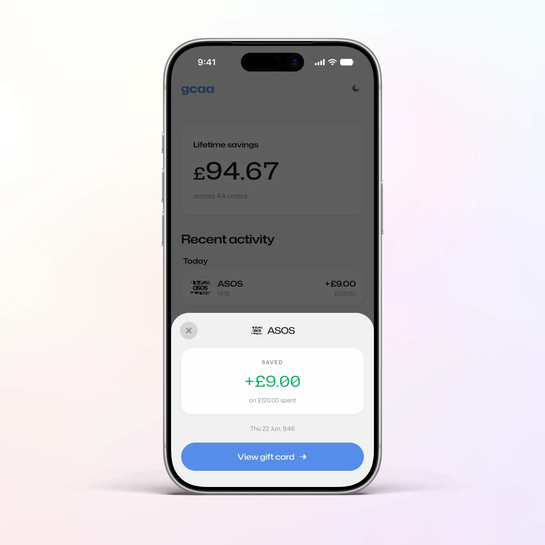 GCAA transaction detail showing a completed ASOS purchase and a £9 saving
